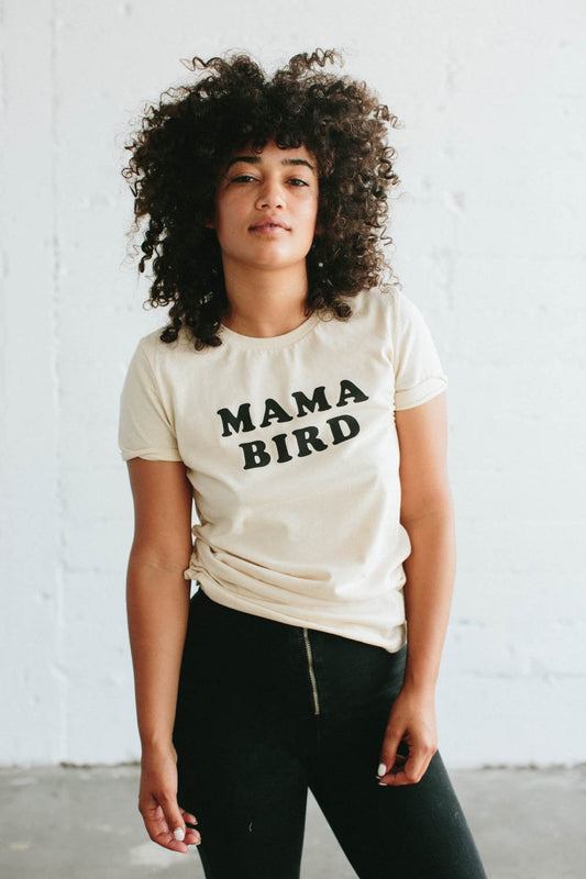 MAMA BIRD white fitted crewneck tee