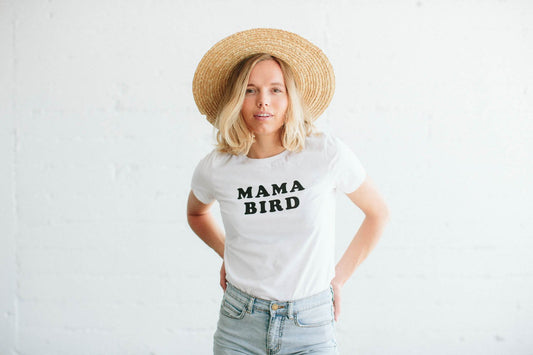MAMA BIRD white fitted crewneck tee